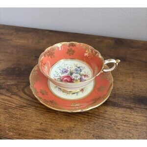 Vintage Paragon Orange Gold Teacup and Saucer Set Fine Bone China Flowers